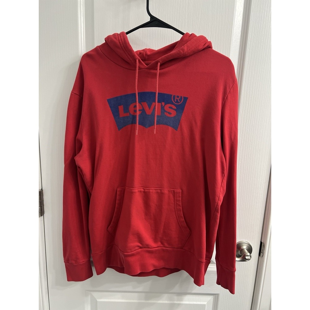 Levis Mens Red Graphic Batwing Logo Pullover Hoodie Sweatshirt Medium M